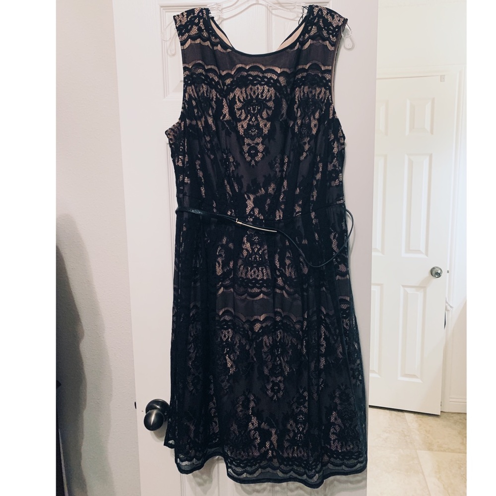 Adrianna Papell black and nude belted lace dress
